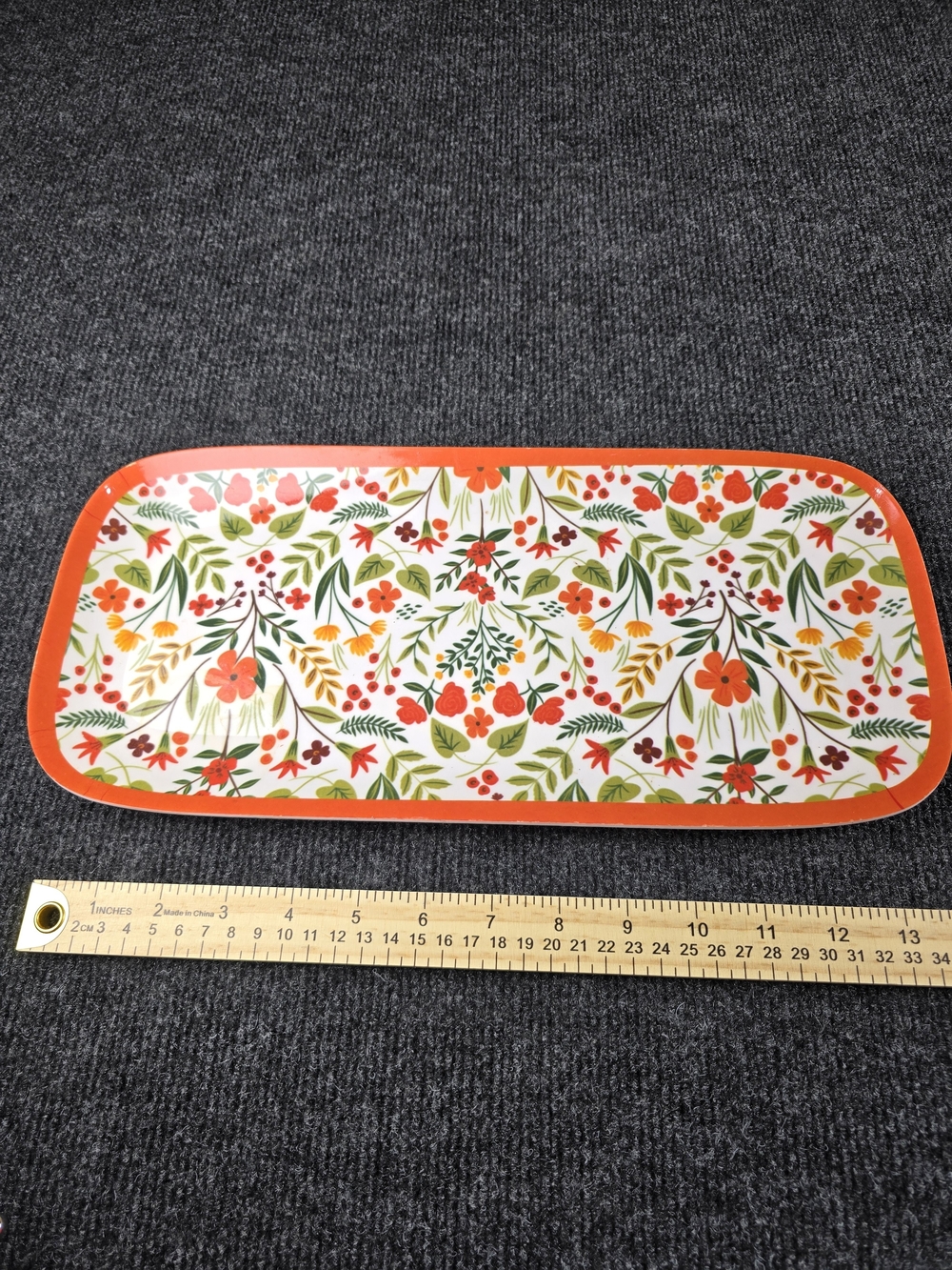 Floral Botanical Serving Tray Orange Red Green Rectangular 12.5" Cottagecore